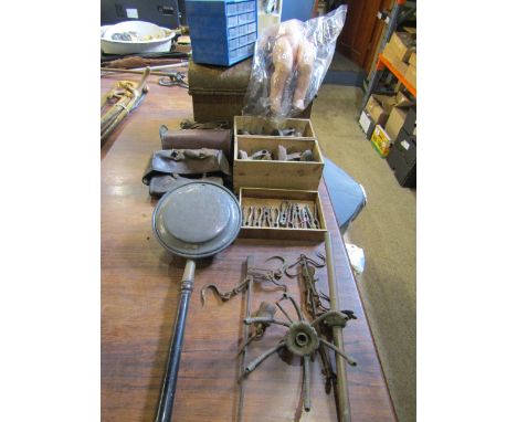 Vintage metal tools, metal chest, bisque doll body, flat irons etc