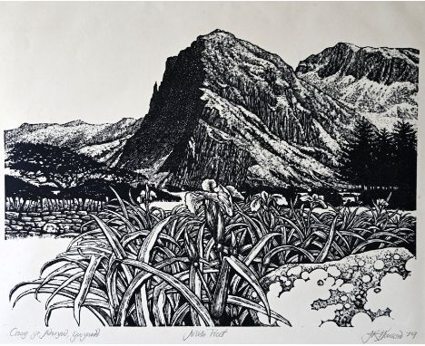 J R Howson A.R.C.A. unframed linocut artist proof print, titled "Craig Yr Aderlyn, Gwynedd" signed in pencil&nbsp; J R Howson