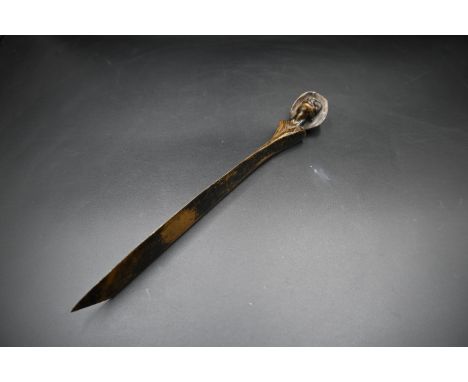 Bronze sculpture art nouveau style letter opener / paper knife with the handle cast as a figural head, signed 'Loder' on back