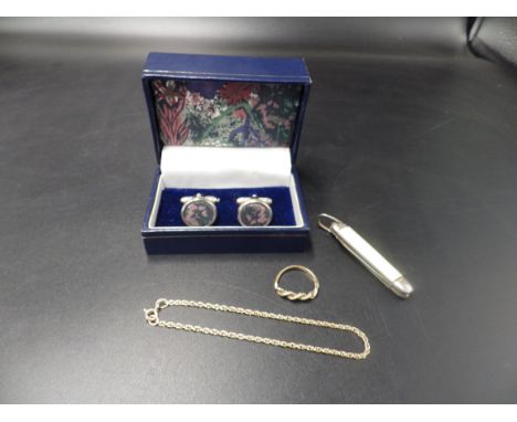 A boxed 'Liberty' silver plated cufflink set, plus a M.O.P folding fruit knife and a small 9ct ring and bracelet (2.61g total