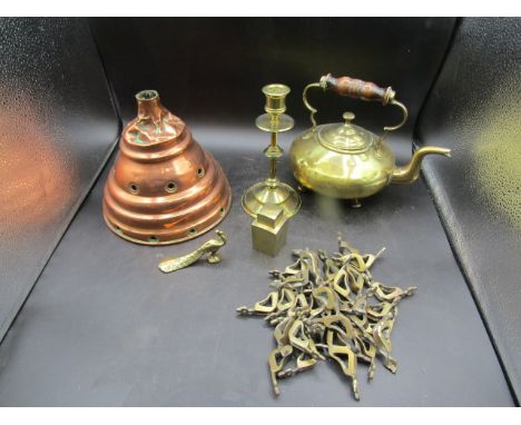 Brass wares inc kettle, candlestick, desk weight with compartment, drawer furniture and copper posser