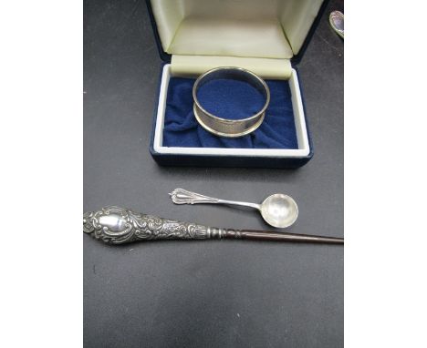 Silver napkin ring, mustard spoon and silver handled hook&nbsp;