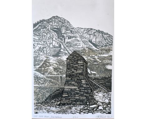 J R Howson A.R.C.A. unframed linocut print titled "Old Slate Mine Aberllefenni" No.6/20 signed in pencil lower right margin