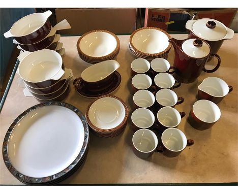 A Volume of Poole pottery brown coffee and dinner service pieces, to include 10 cups and saucers, milk jug, pot and sugar bow