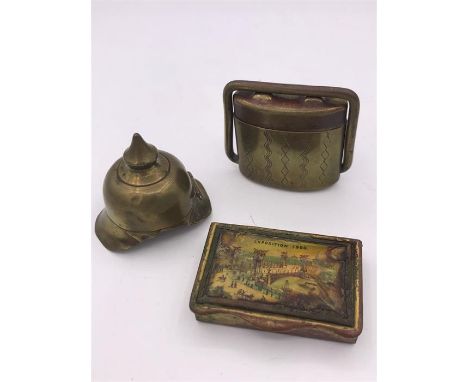 A small selection of curios to include German Helmet stamp blotter, brass inkwell, 1900 Exposition vesta.