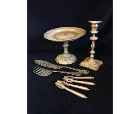 A selection of plated items to include cake stand, candlestick, fish servers and nut crackers.