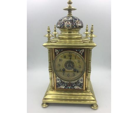Mid 19th Century French Bronze Champleve Enamel Mantle Clock for Turkish market the gilt Arabic dial centred by an enamelled 