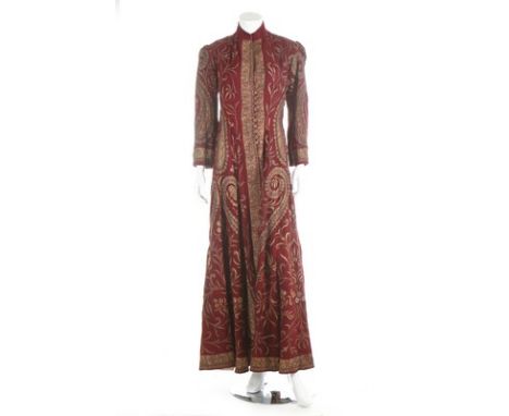 1930s evening wear, comprising: Indian gold thread embroidered burgundy wool coat; embroidered black crepe jacket; Alexedis o