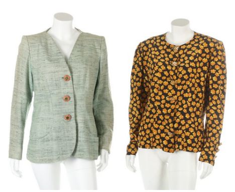 A group of Yves Saint Laurent daywear, 1980s, labelled, six ensembles, including a silk floral print blazer with gilt flower-