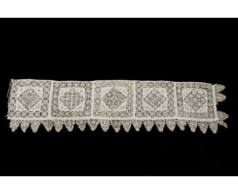 A panel of Genoese bobbin lace, 17th century, formed from five lawn panels inset and bordered by bobbin lace in snowflake pat
