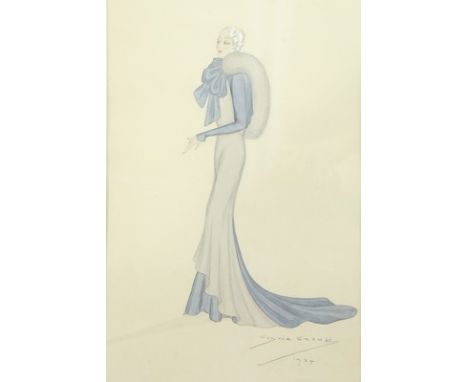 A Guy de Gerald fashion sketch for Hoban & Jeanne, 1934, signed and dated, pencil, ink and watercolour, the lady in an elegan