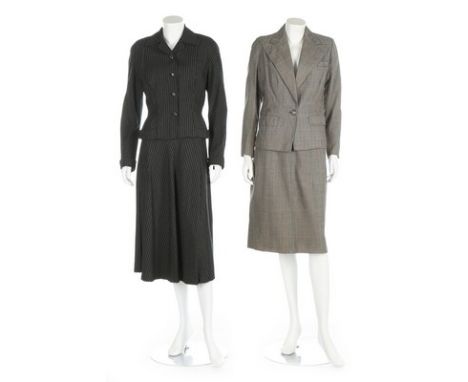 Five women's suits and separates, 1940s-50s, including a grey pinstriped suit with concealed side pockets; a grey and pink ch