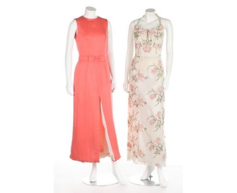 A group of evening-wear in shades of pink, 1960s, including an evening gown embroidered with roses; a salmon-pink silk exampl