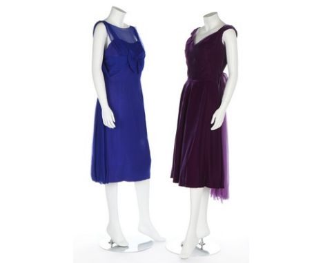 A group of evening-wear, 1960s, 11 ensembles, including a royal-blue chiffon cocktail dress; another of purple velvet with bo