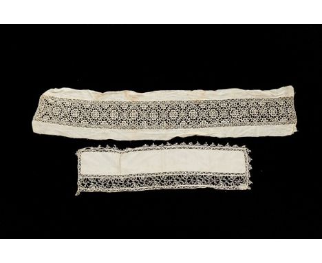 A group of mainly 17th century lace, including two linen fragments inset with reticella; a narrow reticella length; a fragmen