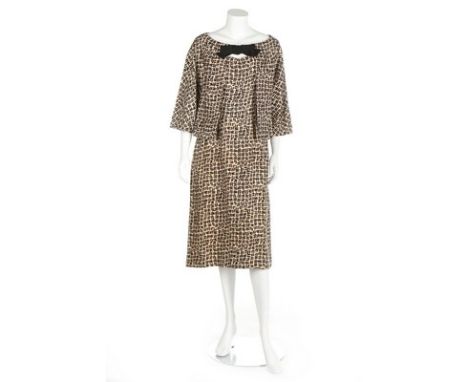 A Dior New York printed summer ensemble, late 1950s, labelled to jacket, with orientally-inspired basket weave pattern, the d