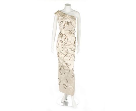 A Jeanne Lafaurie couture embroidered ivory satin sheath, late 1950s, labelled, with integral tulle corset, pleated asymmetri