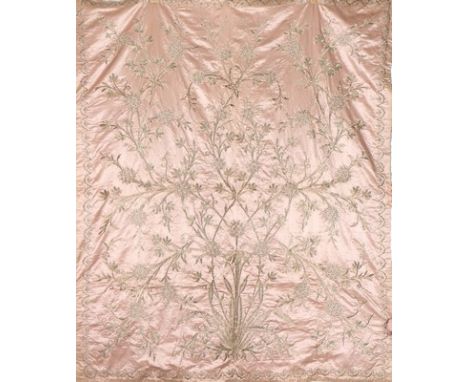 A good embroidered satin wedding cover, Serbian, Ottoman, late 19th century, worked in silver thread in high relief with a bl