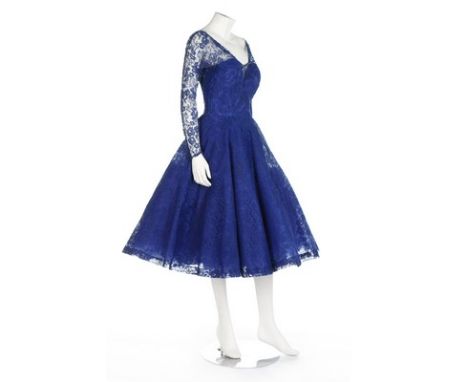 Seven cocktail dresses in shades of blue, 1950s-60s, including one lace example with full-skirt and sheer lace sleeves; anoth