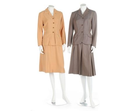 Five day suits, a dress and jacket, 1940s-50s, including a wool Hebe Sports pink-grey suit with curved front pockets, blush-c