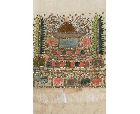 A fine embroidered bath towel, 'silecek', Ottoman, circa 1850, the two ends worked with summer pavilions within gardens in co