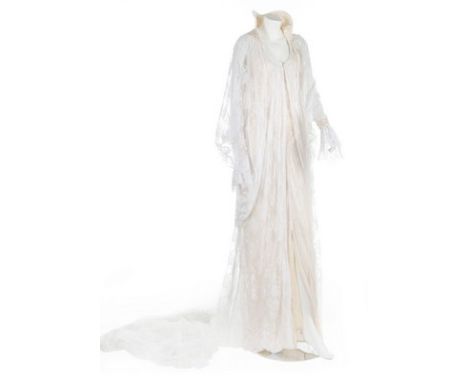 A Bill Gibb wedding ensemble, 1979, labelled, comprising beaded pale pink bodice and skirt, and white lace coat with beaded c