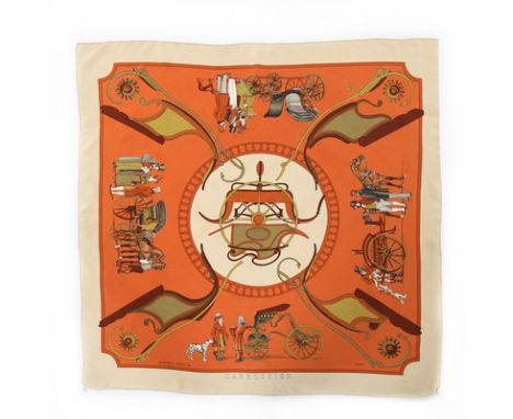 Five Hermès scarves, 1960s, including 'Carrossier', 'Palefroi', 'Etriers', 'aux champs', and others, approx 87cm square (5)  