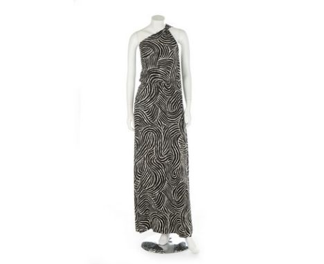 An Yves Saint Laurent zebra printed silk damask evening gown, circa 1990, Rive Gauche labelled and size 36, with asymmetric n