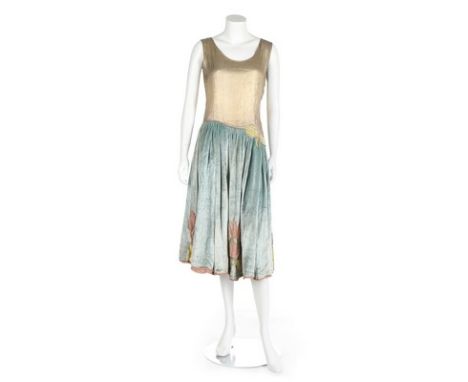 An appliquéd velvet and silver lame party dress and two French brocaded silk shawls, circa 1925, bust 92cm, 36in; one of the 