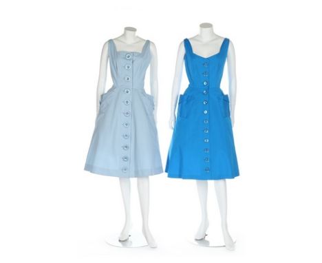 Seven cotton summer dresses in shades of blue and white, late 1950s, including a sun-dress embroidered with roses and bow to 