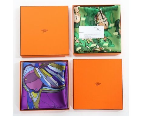 An Hermès printed silk 'Le Pegase' scarf, 2011, designed by Christian Renonciat, with purple twill ground; together with 'Con