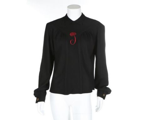A Lanvin satin backed crepe blouse, circa 1939, narrow white on grey woven label, slightly padded shoulders, with scarlet emb
