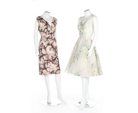 A group of summer dresses in shades of purple and yellow, 1950s, nine ensembles, including a silk floral-printed example; ano