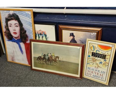 Group of assorted furnishing prints to include: large coloured portrait of the actress Jennifer Jones, two framed posters, fr