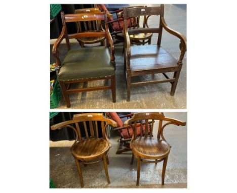 Collection of antique and vintage chairs to include: pair of bentwood elbow chairs, Welsh Georgian bar backed elbow chair and
