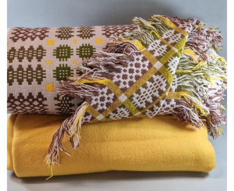 Vintage mauve ground geometric Welsh carthen, together with a mustard blanket. (2) (B.P. 21% + VAT).&nbsp;No obvious rips/tea
