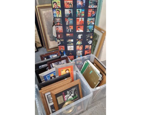 Large collection of Elvis Presley decorative framed pictures and discs, CDs, metal signs and a panel of various images of Elv