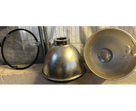 Pair of aluminum industrial style light shades. 44cm diameter x 32cm high approx. (2)  (B.P. 21% + VAT)