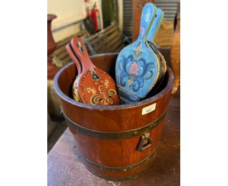 R A Lister &amp; Co Ltd, an early 20th century oak and metal banded coopered barrel, together with two painted floral bellows