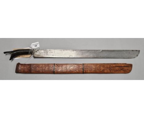 Sumatran Parang/Battle Sword of the Aceh People, having horn grip, grained steel blade and wooden scabbard. Probably 19th cen