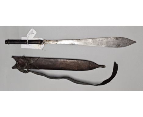 African Gabon Seme Kota short sword/dagger, with steel blade and leather covered grip in leather scabbard. Overall 55cm long 