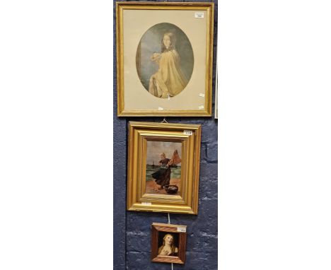 Portrait of a young woman in red cape,"The Bridesmaid" a Baxter print, in oval mount. 34x27cm approx. together with a framed 