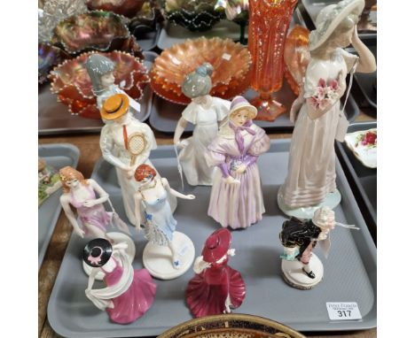 Tray of assorted china figurines to include: Coalport The Birthstone Collection,  'Amethyst' and 'Sapphire', other Coalport f