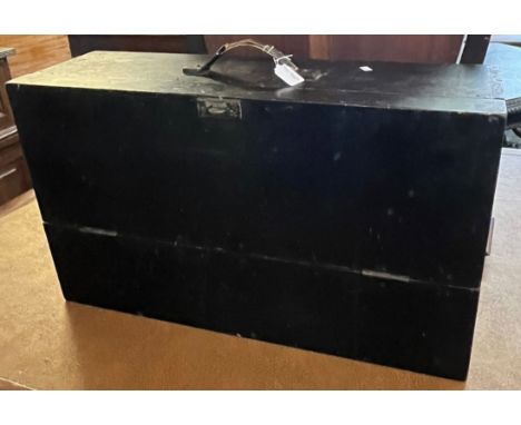 Early 20th century stained pine carpenter's tool box, the interior revealing assorted tools including: saws, drill bits etc. 