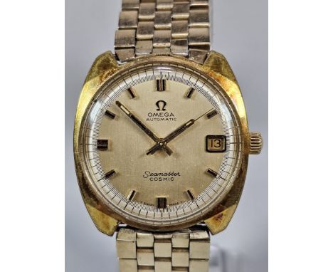 Omega Seamaster Cosmic automatic gold plated gentleman's wristwatch, having satin face with centre sweep seconds hand and dat
