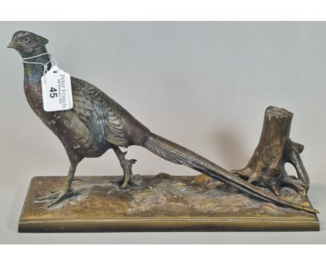 Spelter cold painted study of a pheasant, on naturalistic base with tree stump. Probably a table lighter.  (B.P. 21% + VAT)