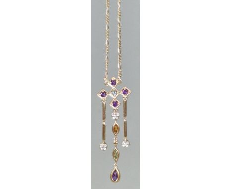 9ct gold fine link chain with chandelier type multi gemstone set pendant. 3.3g approx. (B.P. 21% + VAT)