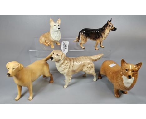 Collection of three Beswick dogs to include: Wendover, Retriever and Corgi, together with a Royal Doulton Alsatian and a Sylv