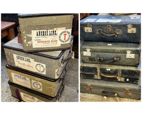 Collection of vintage luggage/cases, mostly bearing labels for Anchor Line Karachi to Liverpool. (8) (B.P. 21% + VAT)