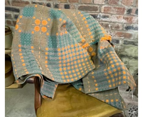 Vintage grey ground orange and green Welsh geometric Carthen. (B.P. 21% + VAT) Many visible holes, rips and tears to the blan